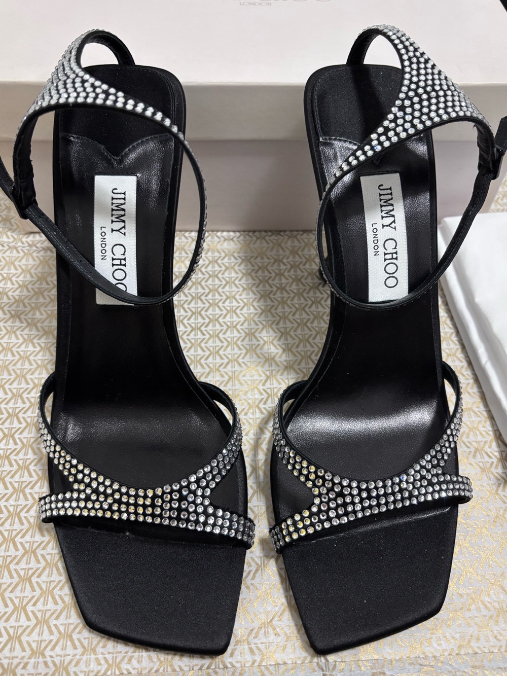 Jimmy Choo Black Leather / Ankle Strap 
Crystal Studded Ixia Sandal 95 Stiletto